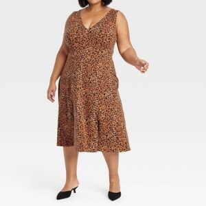 Ava And Viv Leopard Print Midi Slit A Line Sleeveless Dress